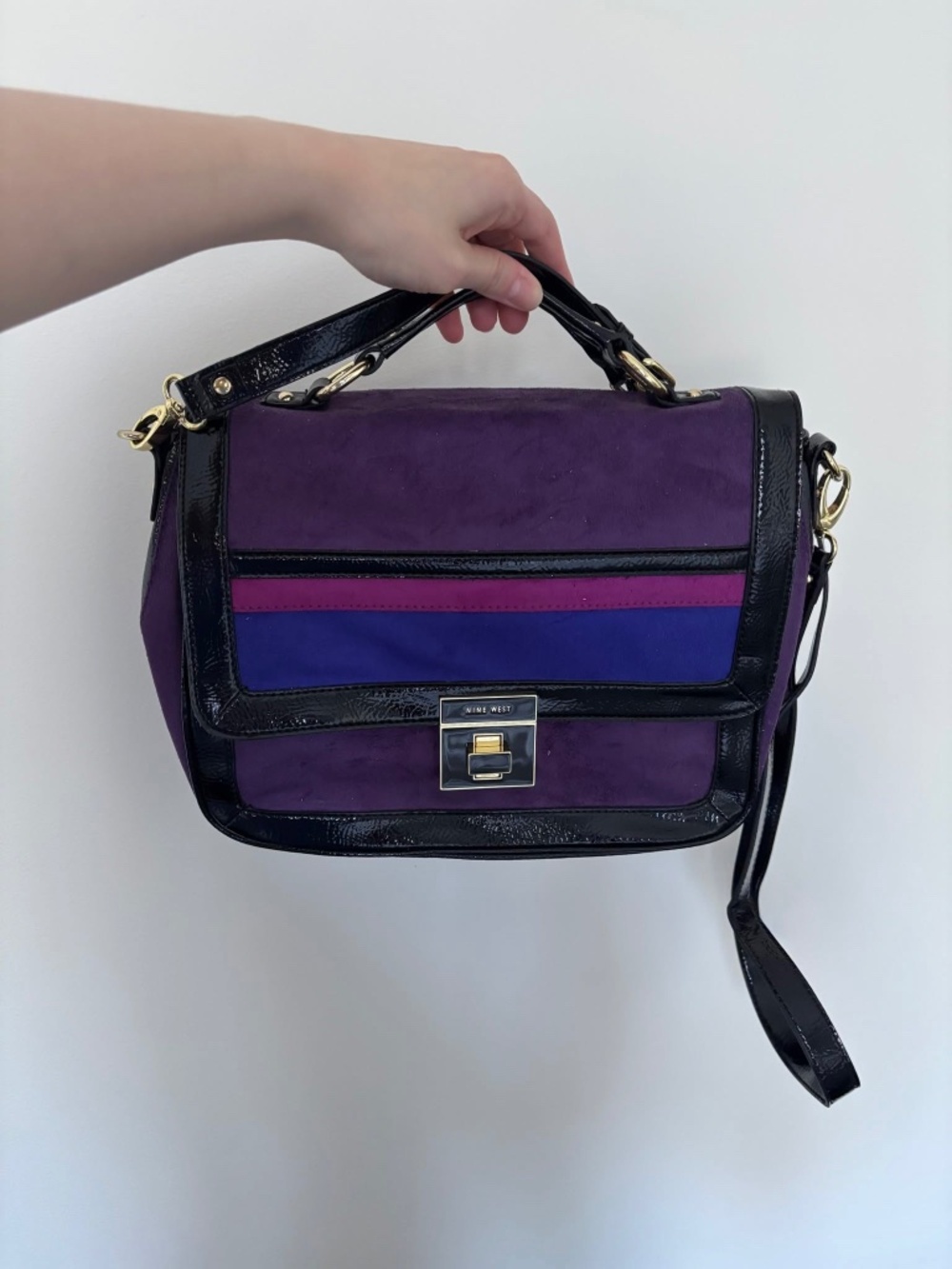 BNWOT patent black leather and coloured suede Nine West satchel purse